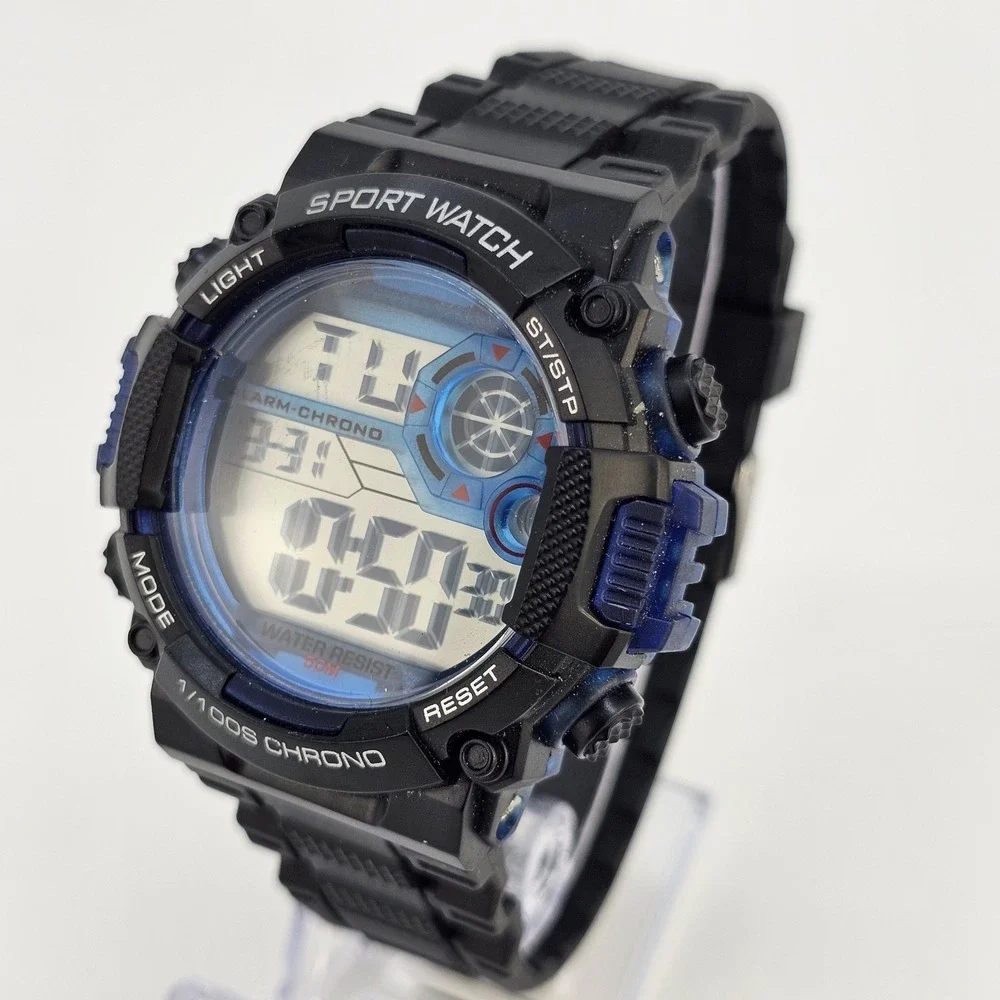 Men's Sports‎ Digital Watch 50MM Day Date Light Black Plastic Bands Working